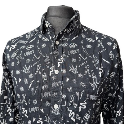 FRANGIPANI Shirt Mens MEDIUM (42'') Long Sleeve Black Doodle Design