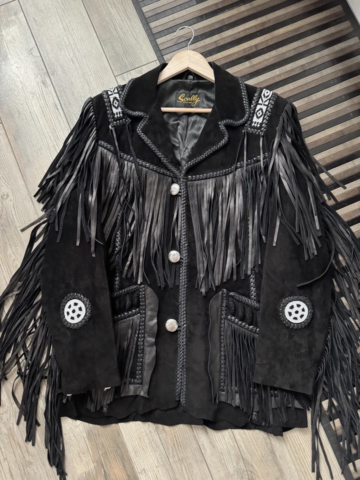 Mens 42 SCULLY Black Leather Fringe Beaded Hand Lace Western Navajo Jacket - Image 3 of 4