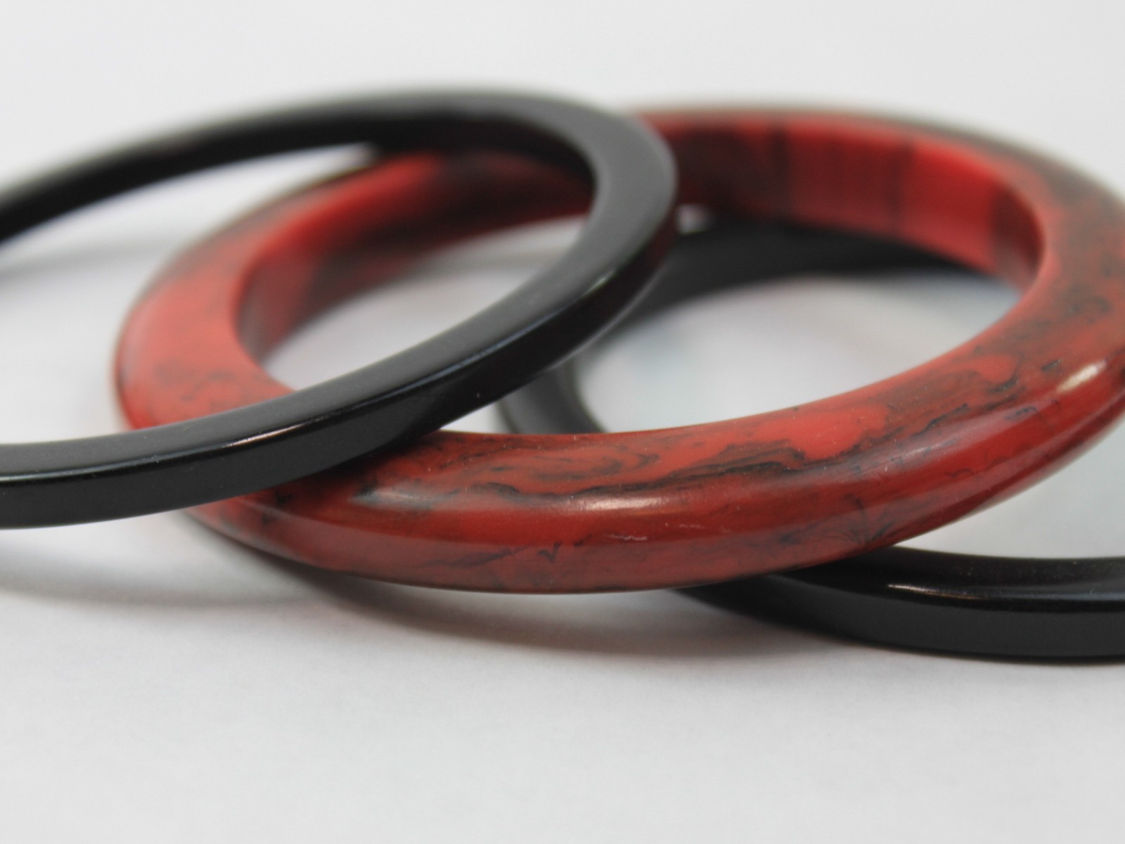 Bakelite Bangle Stack Set Red and Black Swirl Dom… - image 3