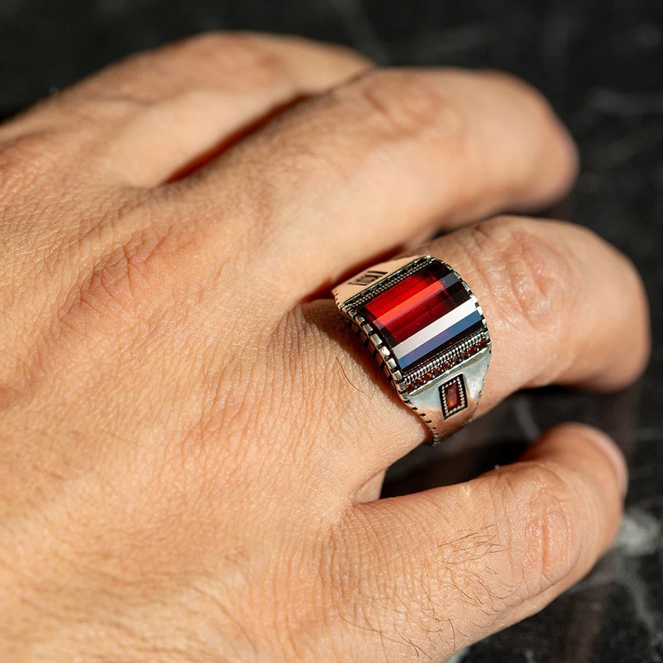 Men's Polished 925 Sterling Silver Red Ruby Gemstone Handmade Ring - Image 2 of 4