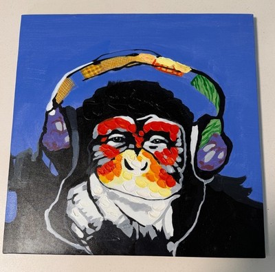 Whimsical Monkey Chimp Headphones Painting Original Acrylic Pop Art 15.5'' Square