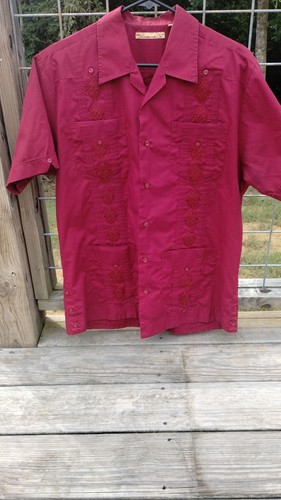 The Havanera Co. Men's Cuban Style Button Up Shirt Medium Dark Red Short Sleeve - Picture 2 of 11