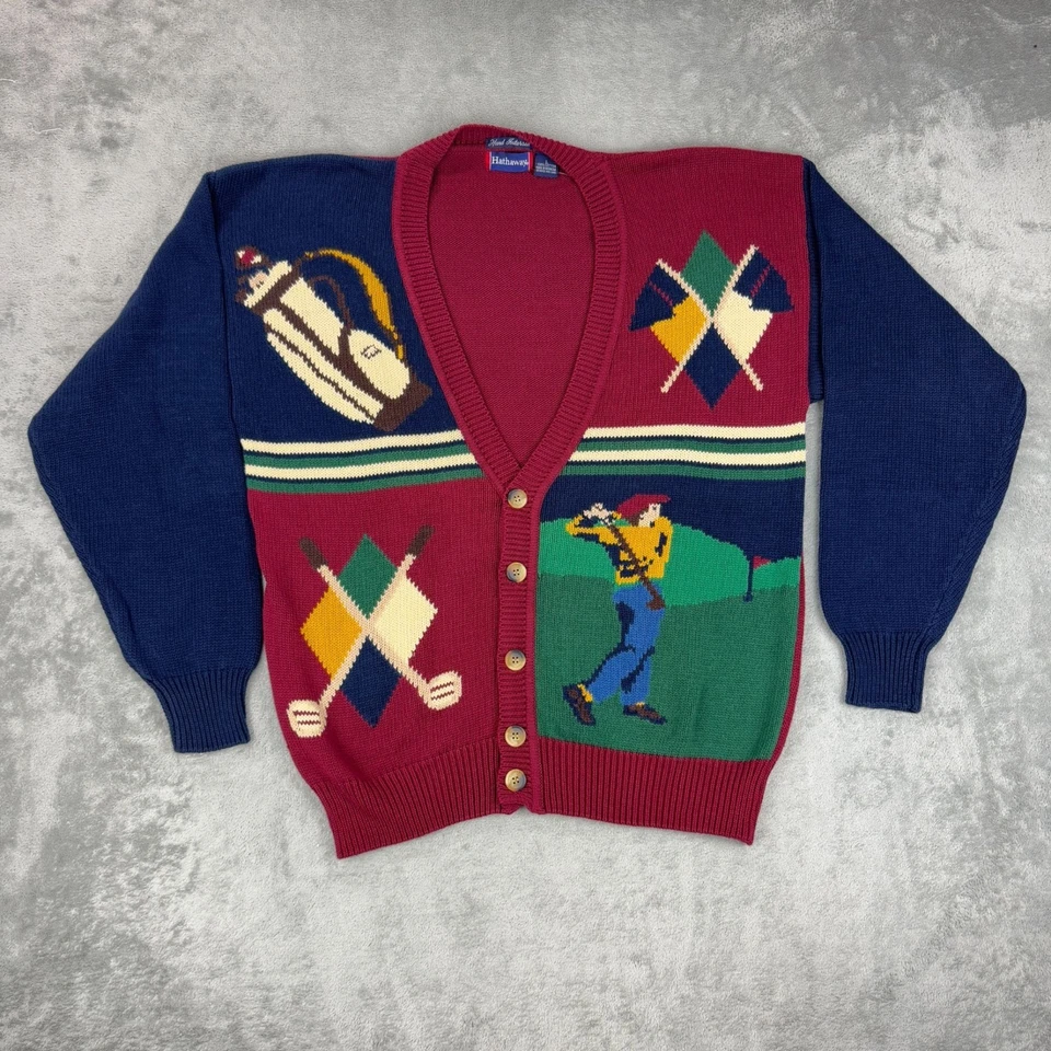 Cárdigan suéter de golf vintage tejido Hathaway bloques de colores retro Y2K abuelo L Foto 3 de 4