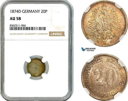 AK775, Germany, Empire, 20 Pfennig 1874 D, Munich Mint, Silver, NGC AU58