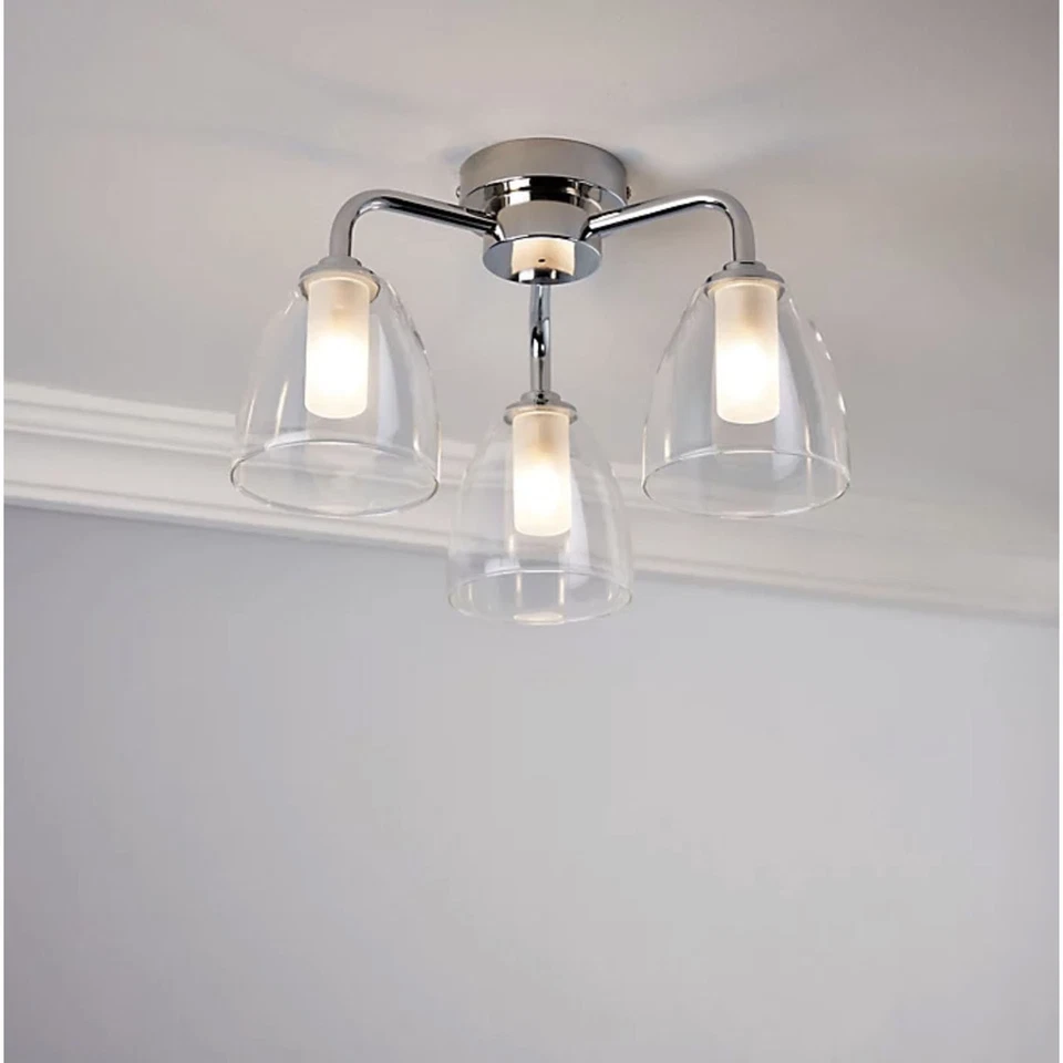 Ceiling Light 3 Way Chrome Effect Bell Glass Shades Modern 54W