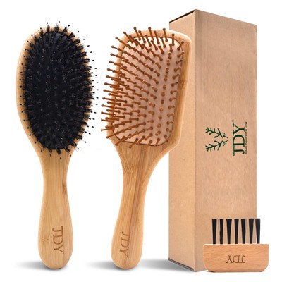 Brush Boar Bristle Bamboo Hair Brush Set for Women Men and Kids With Short Lo...
