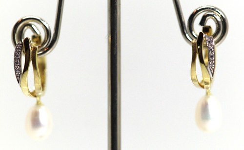 333 – 8kt Mujer Oro Blanco Oro Amarillo Pendientes Plegable Aros Perla Colgantes - Imagen 3 de 5