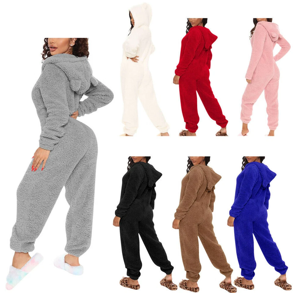 Женщин флис плюшевый длинным рукавом молнии с капюшоном комбинезон пижамы Sleepwear Loungewear - Изображение 3 из 4