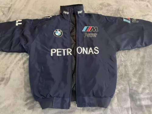 CHAQUETA DE CARRERAS VINTAGE PARA ADULTOS F-1 2025, CHAQUETA BMW AZUL MARINO BORDADO ALGODÓN ACOLCHADO - Imagen 7 de 16