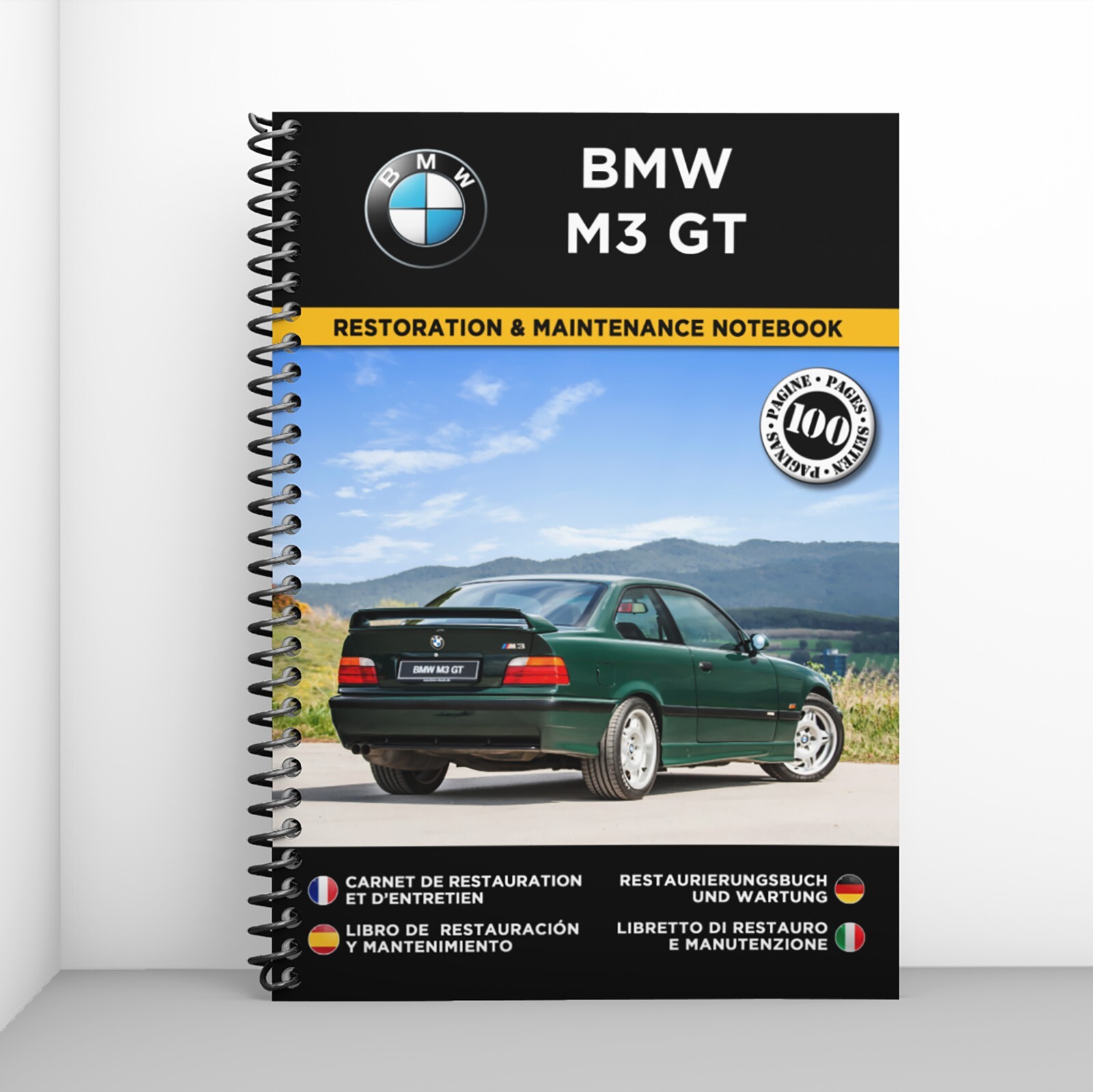 Carnet de restauration BMW M3 GT relié cuir pour passionnés d'automobiles de collection