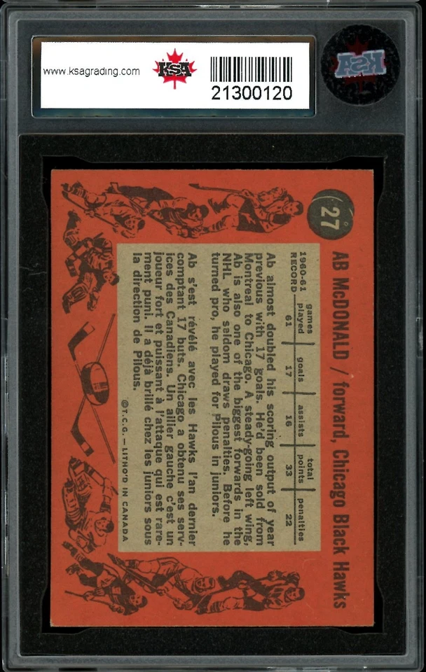 1961-62 TOPPS HOCKEY NHL #27 Ab Mcdonald 7.5 NM + Chicago Black Hawks - Image 2 of 2