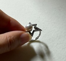 7-8mm AAA Cultured White round Pearl crystal 925 Sterling Silver Ring newinbox