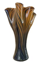 Vintage Art Glass Pinch Vase Navy Blue Yellow Tan  stripe Vase