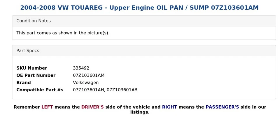 2004-2008 VW TOUAREG - Upper Engine OIL PAN / SUMP 07Z103601AM - Image 4 of 4