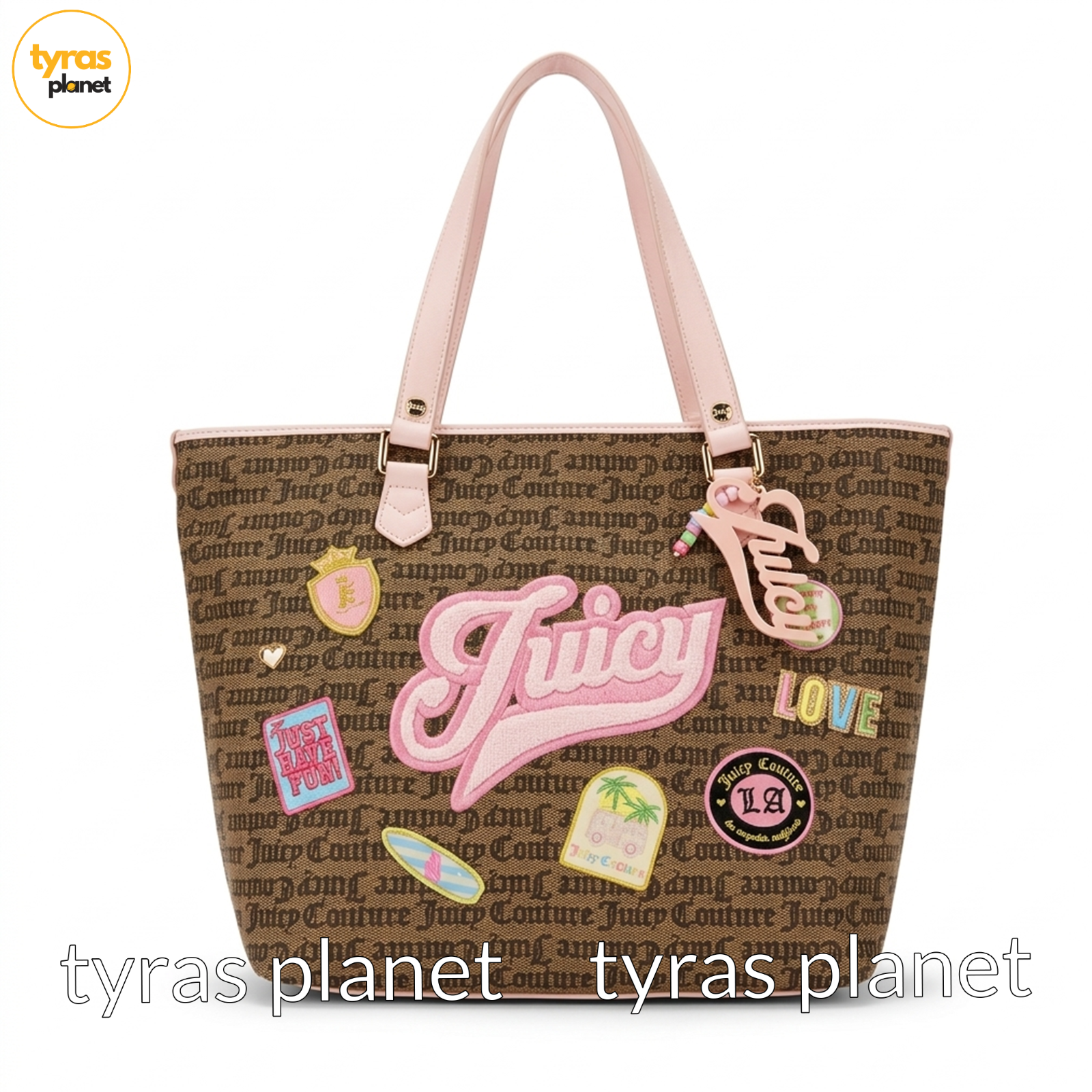 Juicy Couture “Run The World” Logo Patch Tote Bag Pink Brown Y2K Shoulder Bag