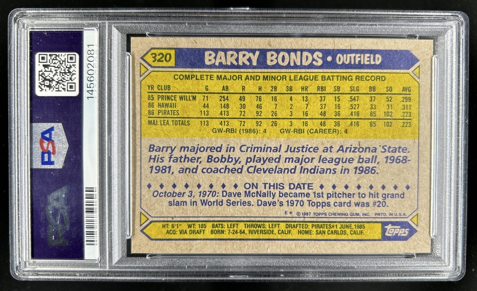1987 Topps Barry Bonds Rookie RC #320 Pirates PSA 9 view 2