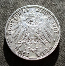 OLD SILVER 3 MARK 1908 D COIN OF KINGDOM OF BAVARIA GERMANY ~ KING OTTO