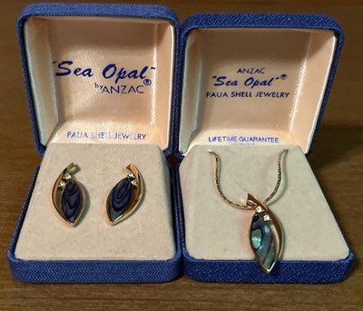 Vintage Anzac Sea Opal Necklace & Earrings In Original Boxes