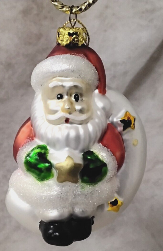 Vintage Santa on Quarter Moon Holding Star Blown-Glass Christmas Tree Ornament