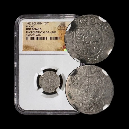 POLAND. 1630, 3 Polker, Silver - NGC FINE - Gustav Adolf II, Elbing Poltorak