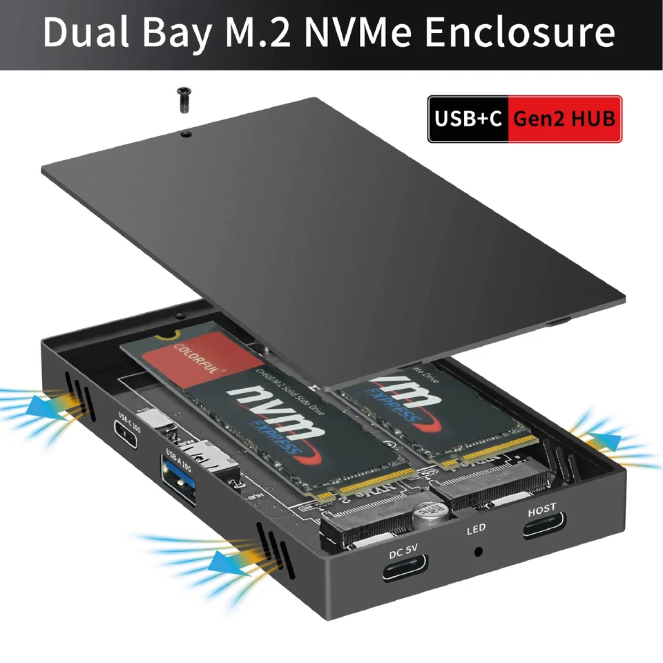Boîtier SSD M.2 NVME Dual Bay USB3.2 Gen2 10Gbps | Station d'accueil M Key M2