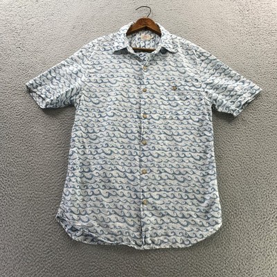 Faherty Shirt Mens Medium White Blue Wave Print Coconut Button Short Sleeve