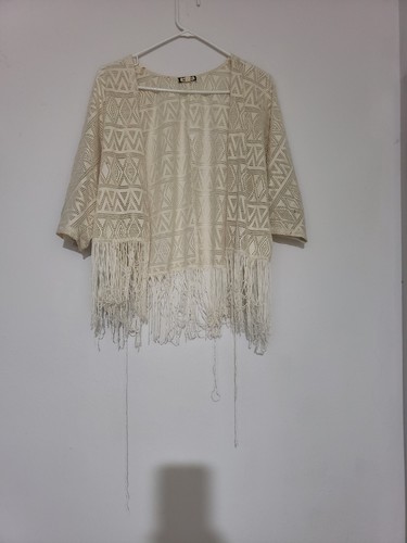 Juniors Eyeshadow Cream Fringe Tribal Pattern Kimono Cardigan sz Large