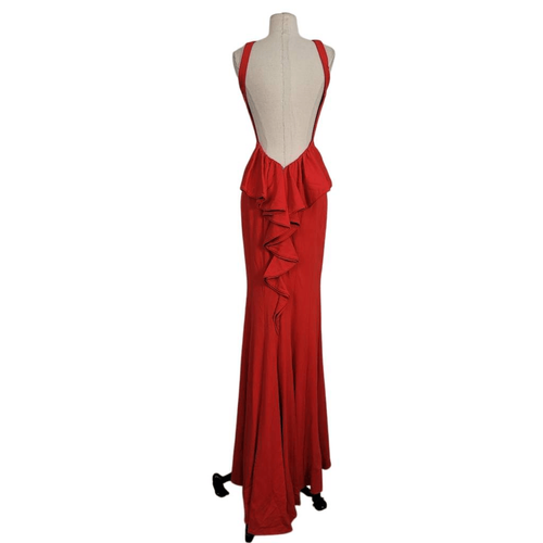 Xscape Red Open-Back Ruffled Maxi Gown Sz 6 High Neck Sexy Prom Wedding Formal - Picture 5 of 14