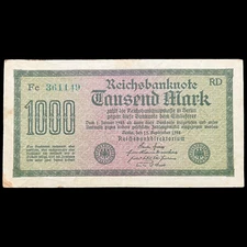1922 Germany 1000 Mark Post WW1 Pre WW2 Banknote Paper Money Kaiser Inflation