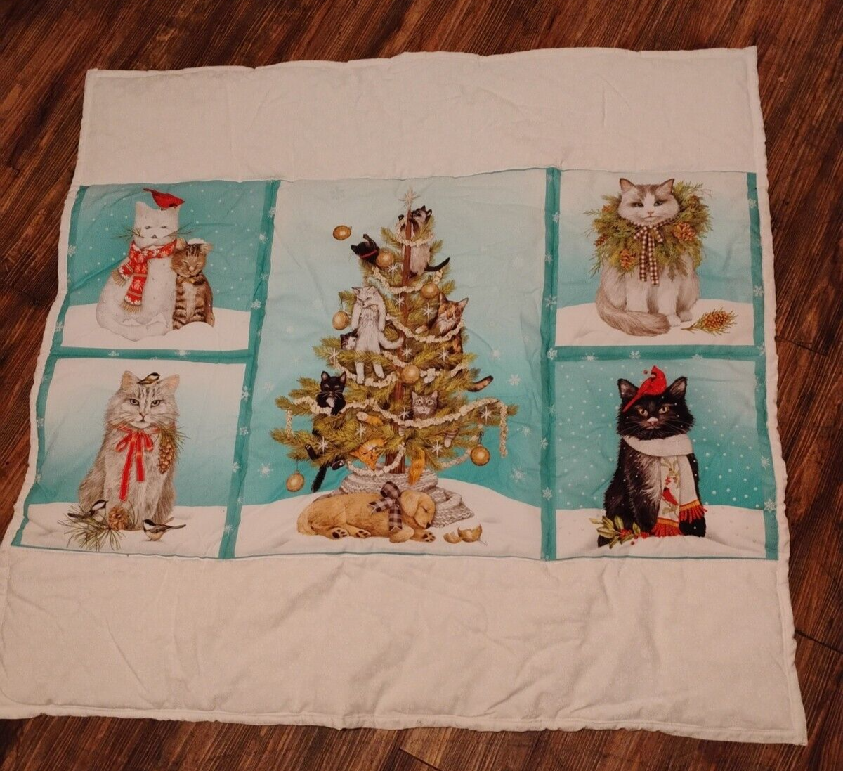 Christmas Dogs Cats Blue Background Cotton Quilting Fabric Panel
