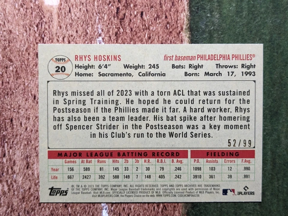 2023 Topps Archives Rhys Hoskins Green Foil Parallel Sp /99 #20 Philadelphia  - Image 3 of 4