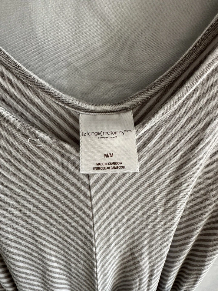 Maxi Vestido Liz Lange Maternidad Gris/Blanco Rayas Alto-Bajo Tanque con Cinturón Talla M Foto 2 de 3