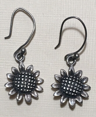 Vintage Blooming Flower Open Sunflower Sterling Silver Gardening Dangle Earrings