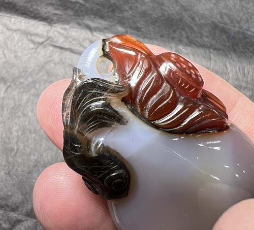 Hetian Nephrite Jade Carved Pendant, Koi & Lotus, Carved Kangi “More Than Rich” - Picture 4 of 14