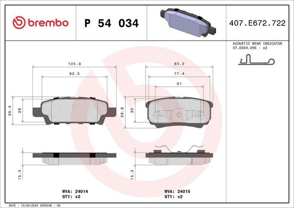 Brembo P 54 034 Bremsbelagsatz, Scheibenbremse FüR Chrysler Dodge Jeep-image