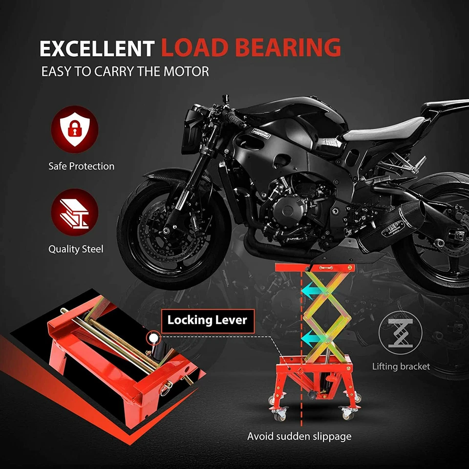 Mesa elevadora hidráulica 350 lb para motocicleta ATV moto de tierra tijera gato soporte 4 ruedas Foto 3 de 4