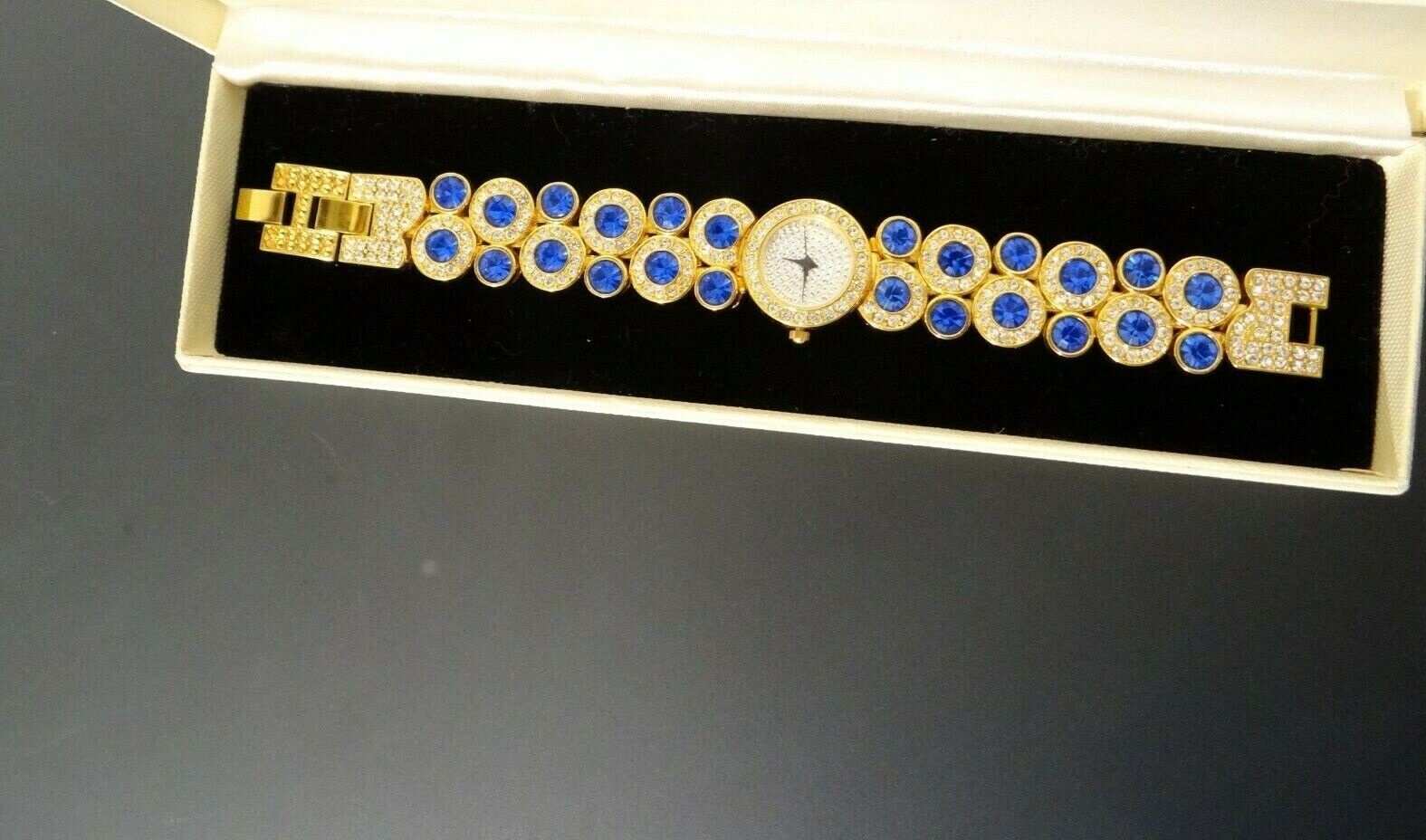 Suzanne Somers Watch Wristwatch Swarovski Crystals Blue Clear Gold Tone Womens