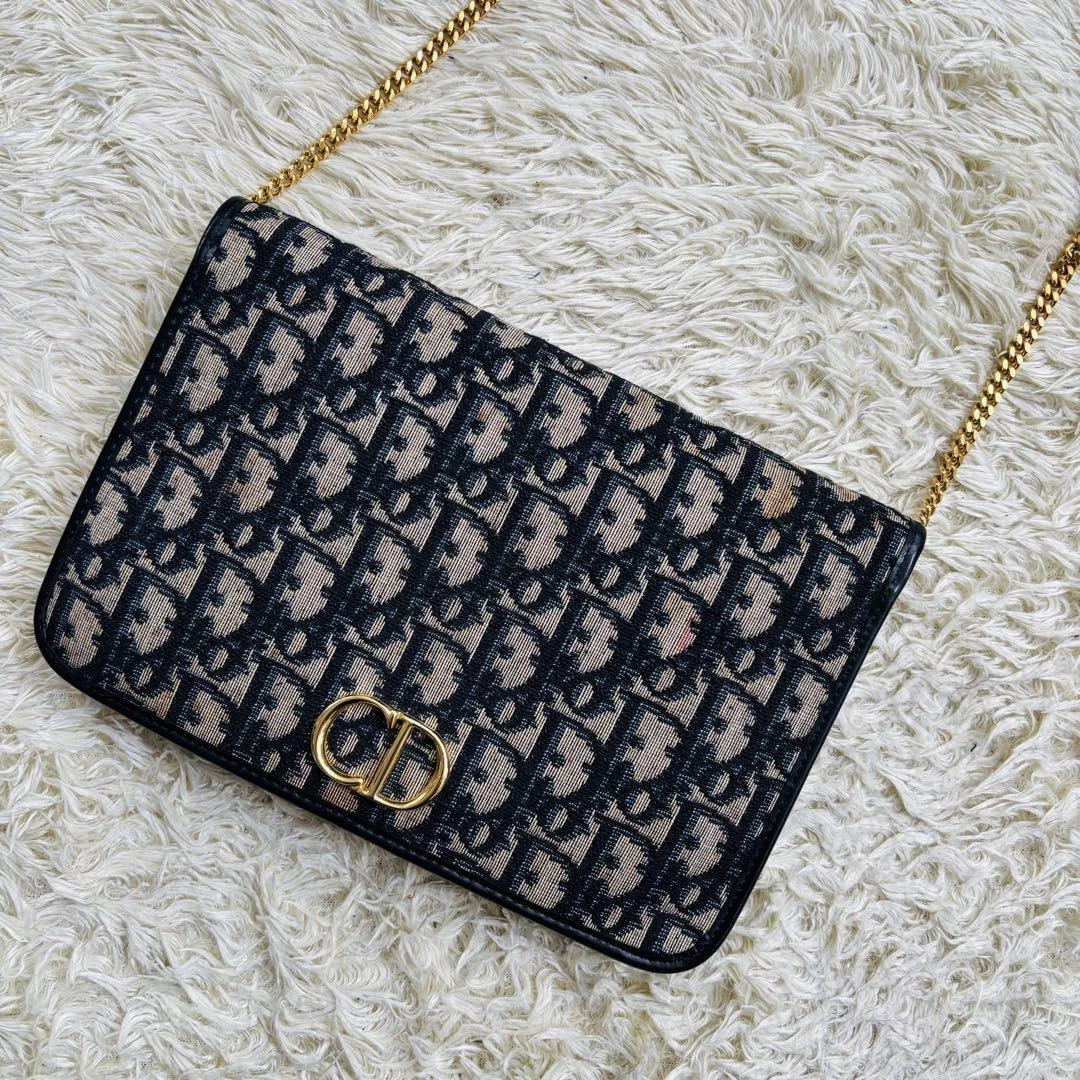 Sac bandoulière chaîne trotteur CHRISTIAN DIOR toile cuir bleu authentique 