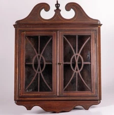 Antique Federal Mahogany Inlaid Wall Hanging Corner Cabinet Curio Cupboard