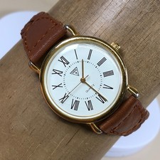 Vintage Guess Women Dress Logo Brown Leather Quartz Analog 33mm Watch 8 1/4"