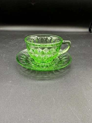 Jeannette Windsor Diamond green depression glass teacup and saucer Uranium Glass