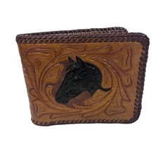 NWOT: VTG Hand Tooled Leather Bifold Wallet Horse Floral Embossed B Brown E658 