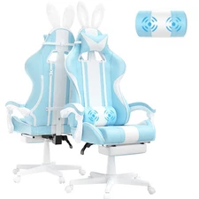 Ferghana Light Blue Gaming Chair with Bunny Ear, Cute Massage Chairs for Adults
