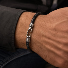 Mens Black Leather Bracelet Braided Stainless Steel Clasp Magnetic Cuff Jewelry