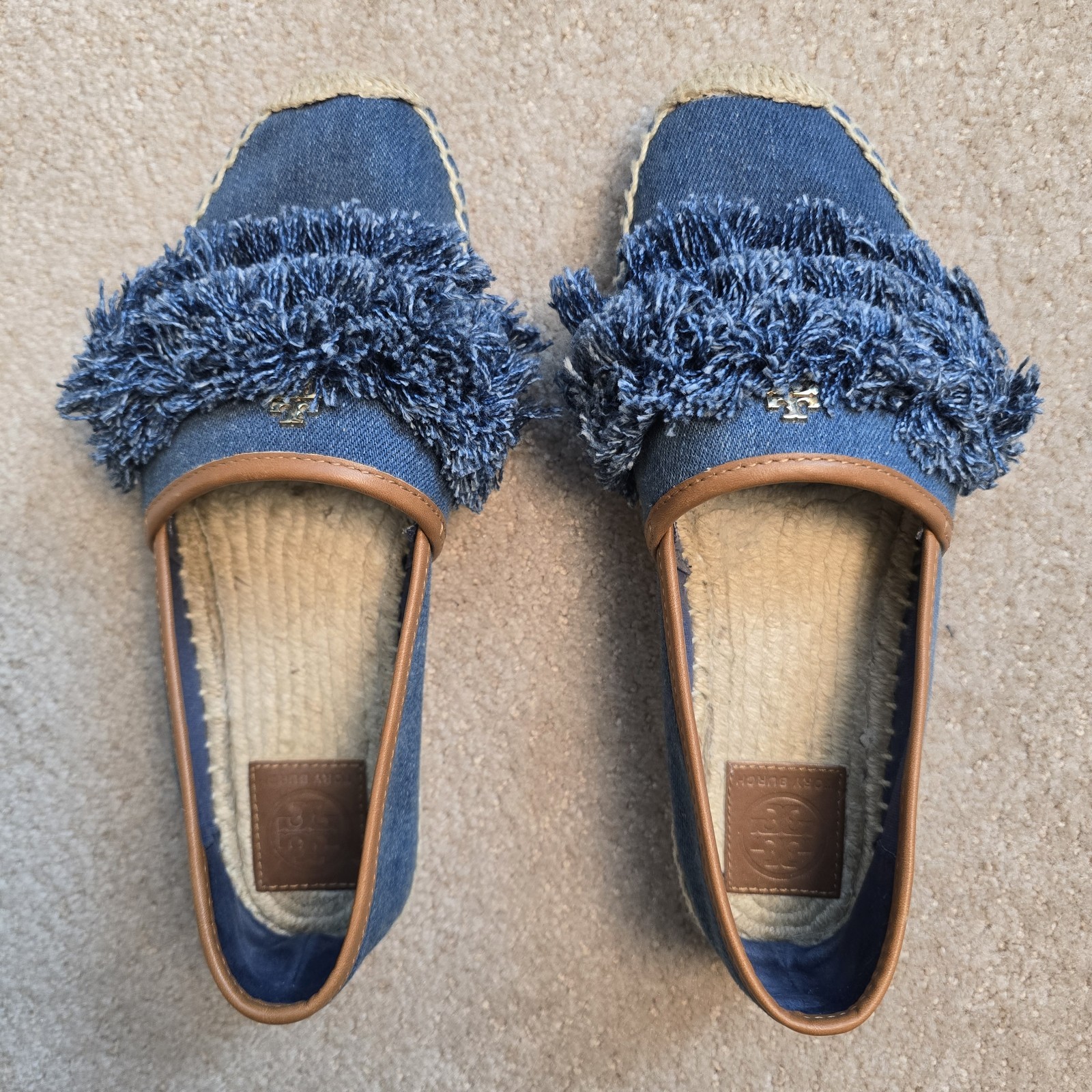 Tory Burch Navy Blue Denim Shaw Fringe Espadrille Flats Size 7.5