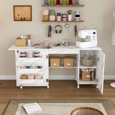57.5 in Foldable Sewing Machine Table with Locking Casters with Shelves