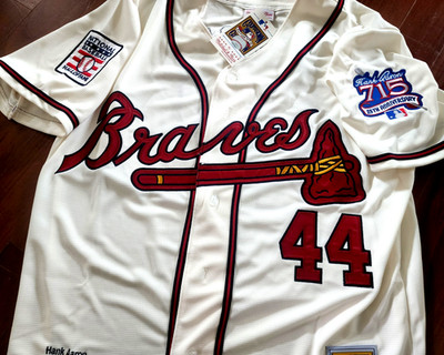 NEW TAG IVORY C Atlanta Braves #44 Hank Aaron classic Stitched 2patches Jersey L