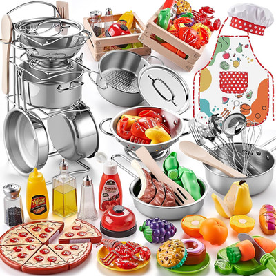 Play Kitchen Accessories, Large Stainless Steel Toddler Cooking Set, Kids Kitche