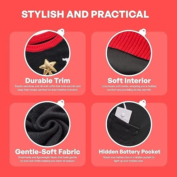 Suéter feo de Navidad con luces LED para mujer con bombillas, árbol de Navidad negro Foto 4 de 4