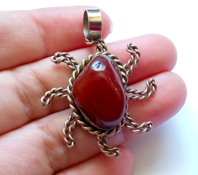 🔥Handmade Peru Natural Dark Orange Agate Stone Pendant Alpaca Silver Jewelry🔥